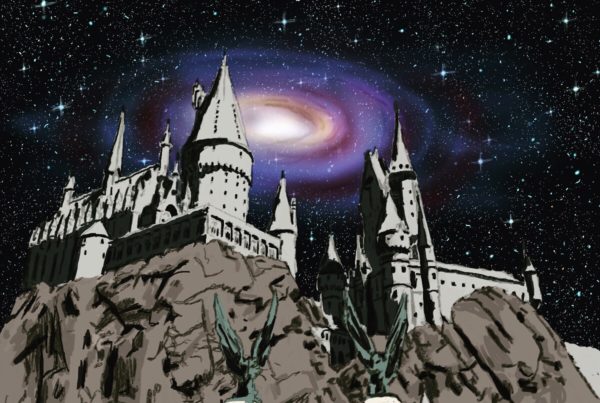 A Galactic Night over Hogwarts Castle- SURREBRAL ProCreate iPad Space Castle Universal Studios Hollywood painting Harry Potter