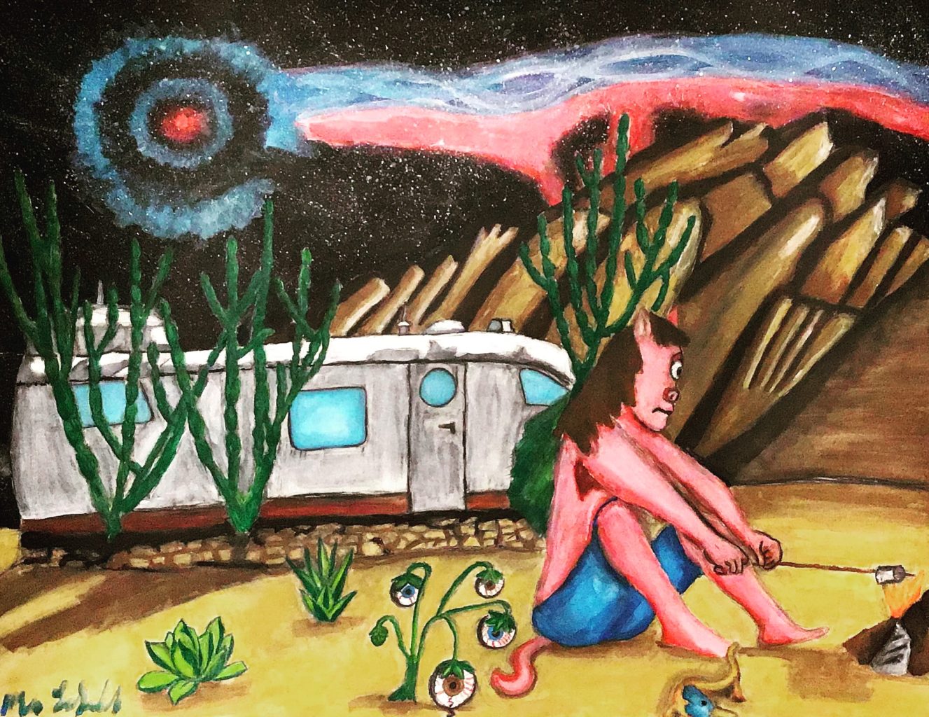Alien Camp- SURREBRAL art- acrylic alien runyon canyon ranch trailer spaceship cacti plants mountains watercolor landscape illustration characters, planet, desert