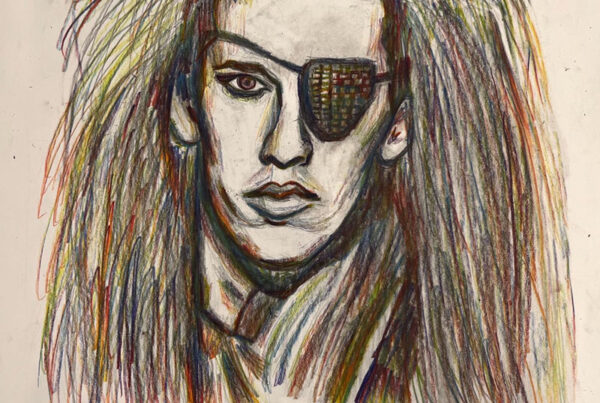 Rainbow colored pencil portrait of lead singer, Pete Burns from "Dead or Alive."