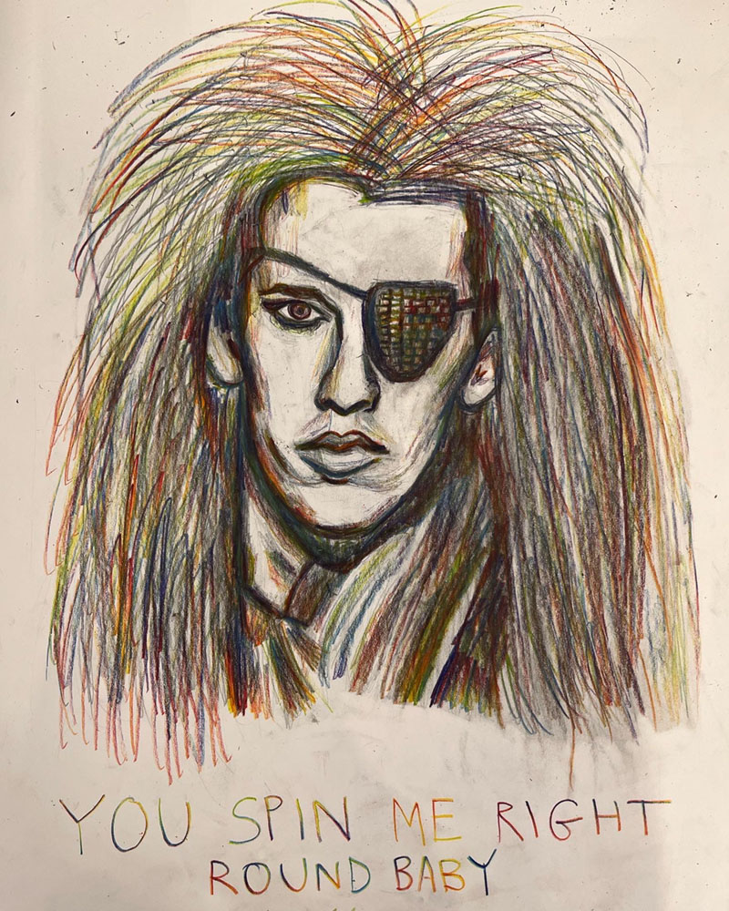 Rainbow colored pencil portrait of lead singer, Pete Burns from "Dead or Alive."