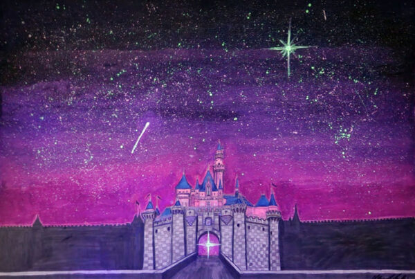 Disneyland glow in the dark painting with a starry night sky over the Sleeping Beauty Castle. This was created by Max and is on Surrebral Art.