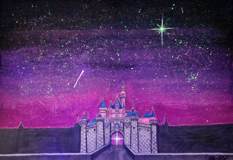 Disneyland glow in the dark painting with a starry night sky over the Sleeping Beauty Castle. This was created by Max and is on Surrebral Art.
