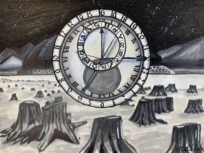"Travel Back to Stumptown" is a time travel inspired landscape piece that has an astronomical clock as its center focus over a landscape of Portland, Oregon in the late 19th century with a starry space sky.