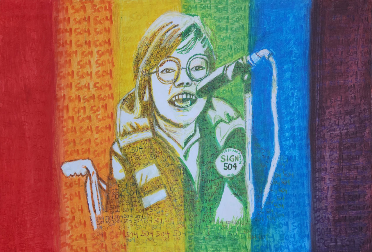 A piece of Judy Heumann with "504" written all over to symbolize her dedication to getting measure 504 passed in 1977.