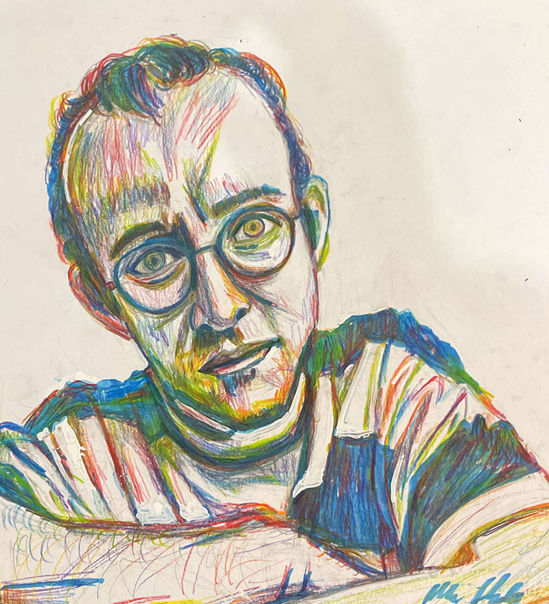 Keith Haring rainbow colored pencil portrait.