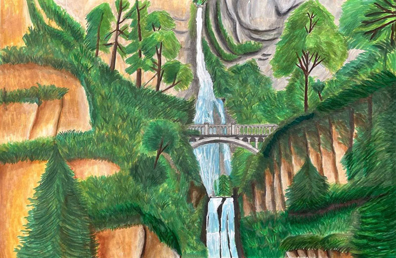Multnomah Falls on the Columbia Gorge in Multnomah County, Oregon from Surrebral Art.