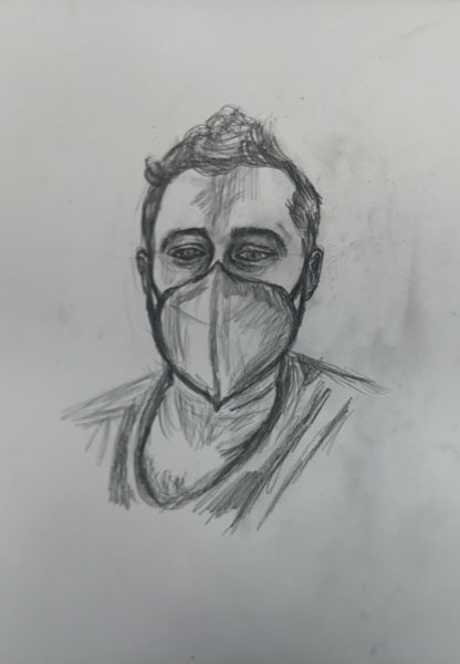 Self Portrait that I drew while wearing a KN-95 mask. This is the image for the Contact page.