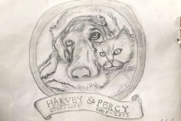 Father's Day present for my dad in June 2018. It features portraits of Harvey and Percy, the family dog and cat, respectively, who passed away that year.