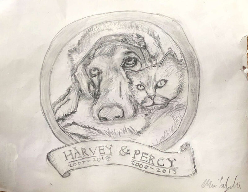 Father's Day present for my dad in June 2018. It features portraits of Harvey and Percy, the family dog and cat, respectively, who passed away that year.