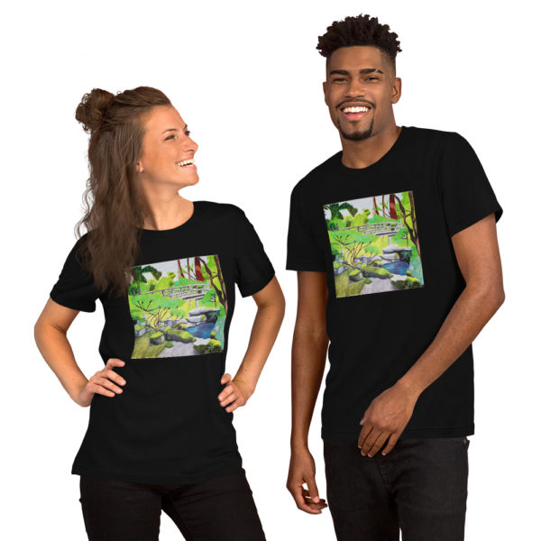 Models wearing Japanese Gardens shirt.