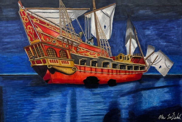 Art of the Pirates of the Caribbean ride's galleon scene on Surrebral.