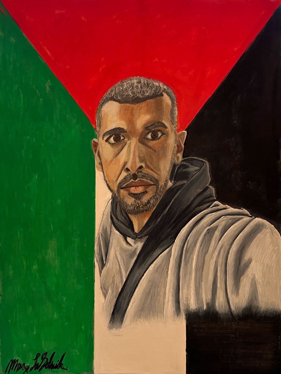 Commissioned portrait of Hossam, a father who was killed in Gaza.